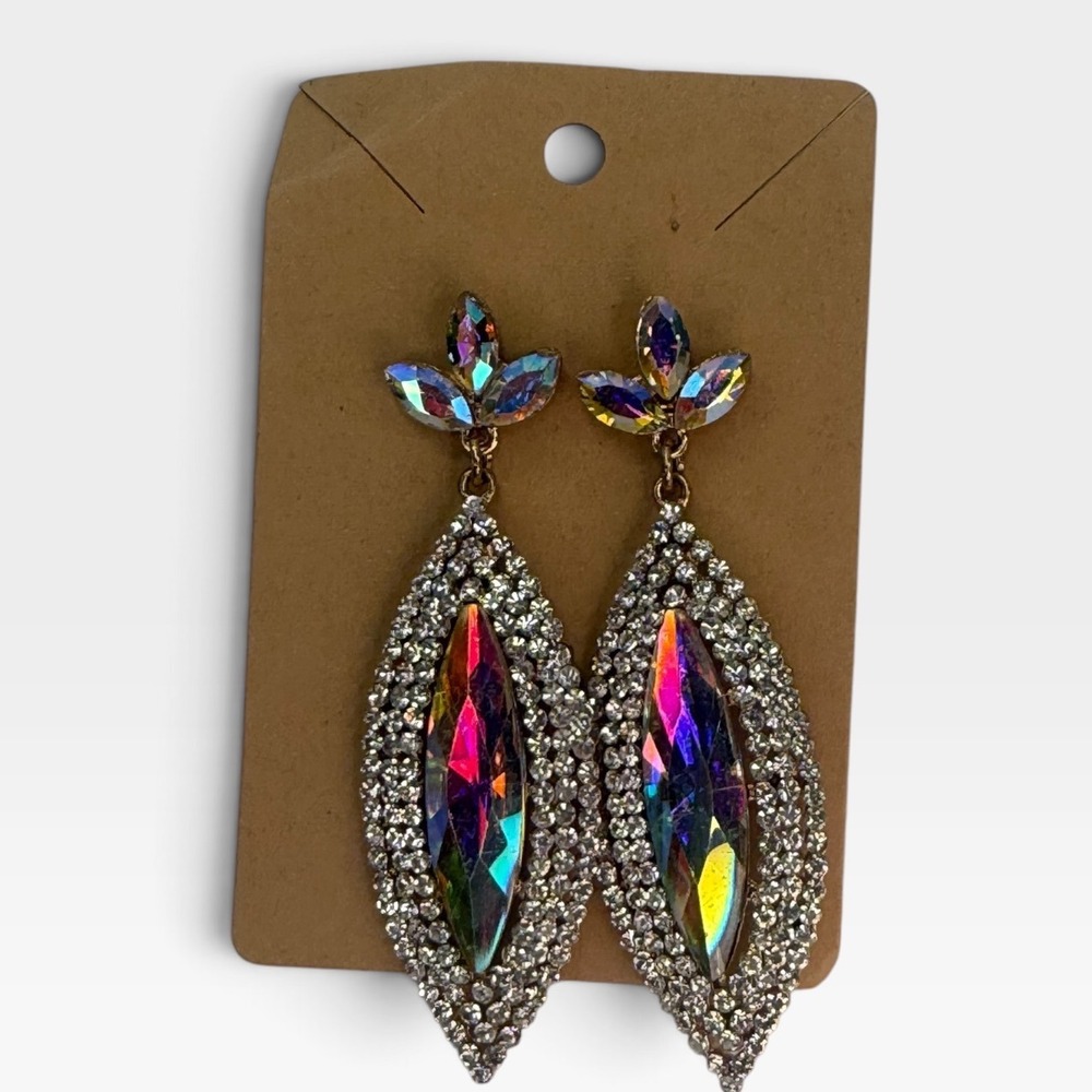 Gold Tone Iridescent AB Crystal Marquise Rhinestone Statement Drop Earrings